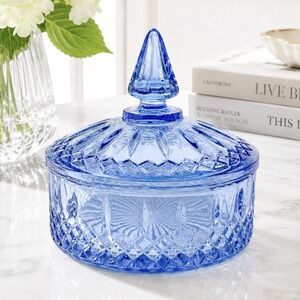Vintage Indiana Glass Princess Blue Covered Candy Dish Trinket Box with Lid 6"